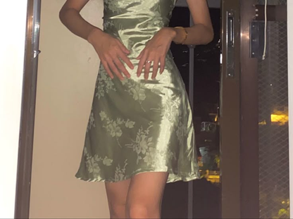 Classy Spaghetti Straps Green Satin Printed Floral Short Homecoming Dress 19th Birthday Outfits SP74