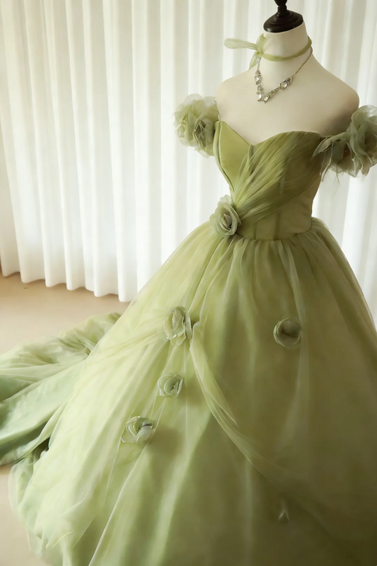 Pretty Quinceanera Dress Off The Shoulder Green Tulle 3D Flowers Ball Gown Sweet 16 Dress SP2031
