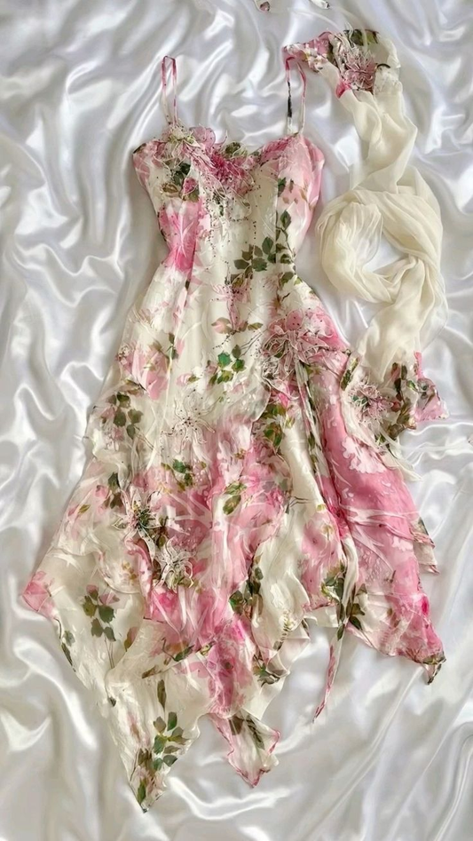 Gorgeous Pink Chiffon Print Floral Tiered Evening Dress Pretty Prom Dress Y7760