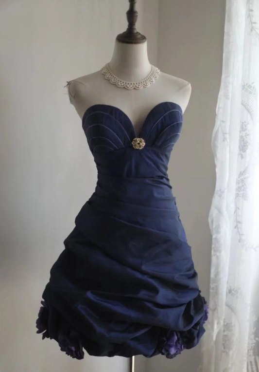 Vintage Strapless Navy Blue Satin Short Homecoming Dress Cocktail Dress Y9953