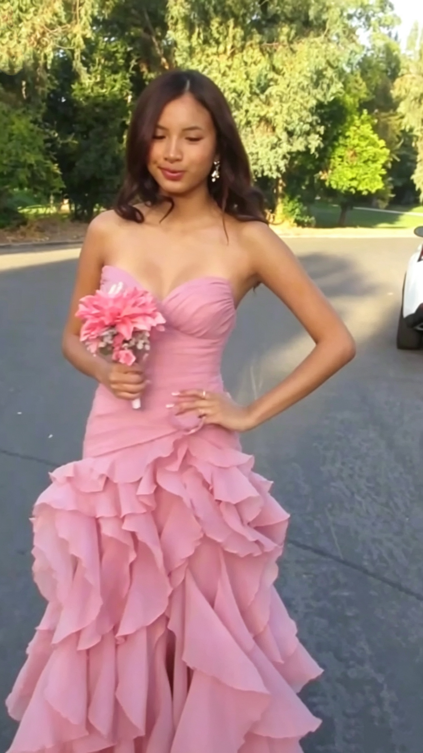 Elegant Pink Strapless Chiffon Ruffled Slit Mermaid Long Party Dress Birthday Prom Dress SP3651