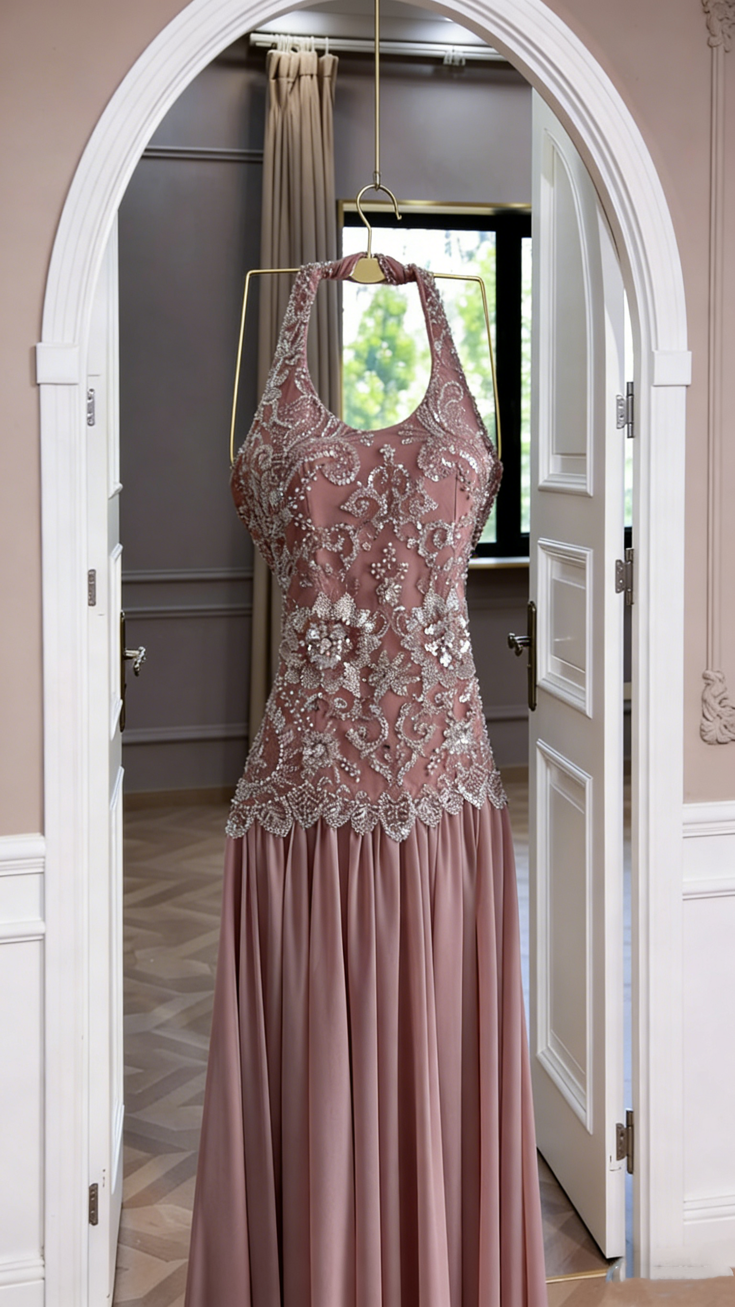 Classy Halter Pink Chiffon Beaded Long Party Dress 18th Birthday Outfits SP1753