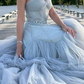 Elegant Strapless Blue Tulle Beaded Long Birthday Prom Dress Evening Gown Formal Wedding Guest Dress SP1432