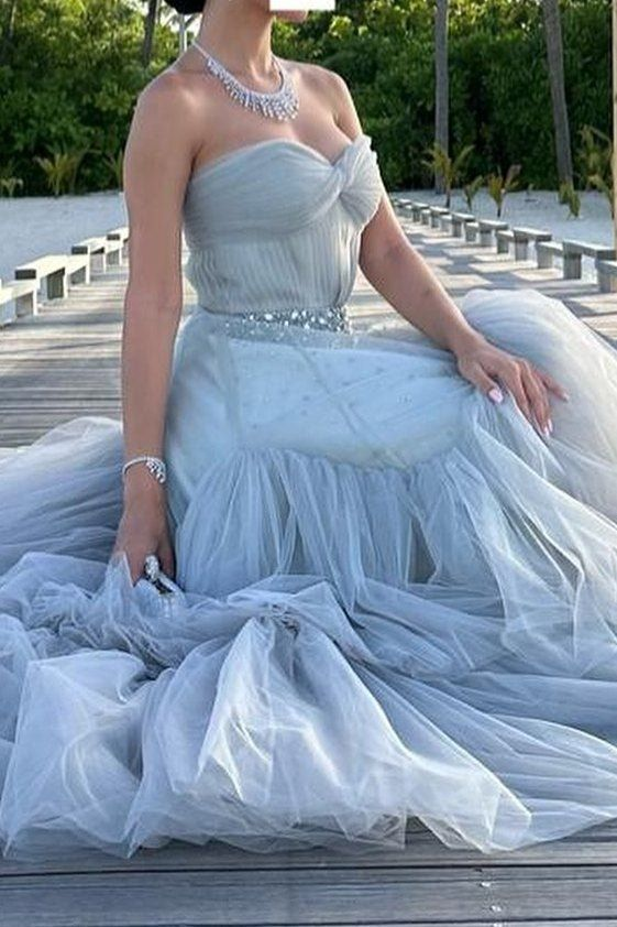 Elegant Strapless Blue Tulle Beaded Long Birthday Prom Dress Evening Gown Formal Wedding Guest Dress SP1432
