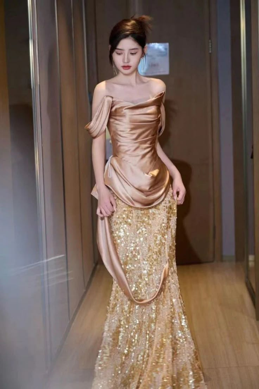 Elegant Gold Satin Sequin Strapless Mermaid Evening Dress Sparkly Prom Dress Y8716