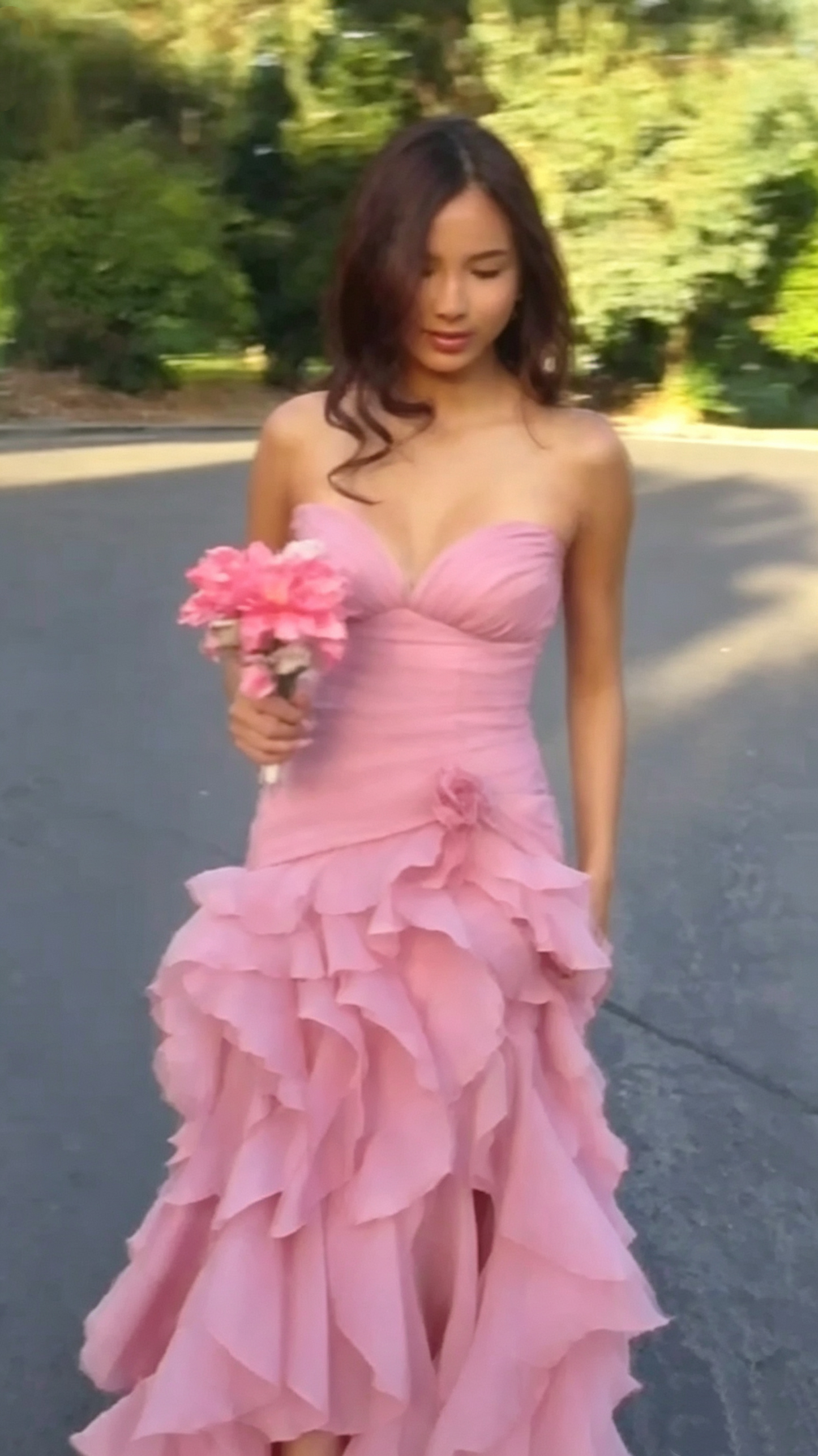 Elegant Pink Strapless Chiffon Ruffled Slit Mermaid Long Party Dress Birthday Prom Dress SP3651
