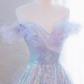 Purple Off Shoulder Sequin Tulle Long Prom Dress, Purple Formal Evening Dresses Y4659