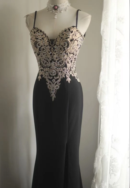 Fashion Spaghetti Straps Black Appliques Beaded Mermaid Long Wedding Guest Dress Party Dress SP1257