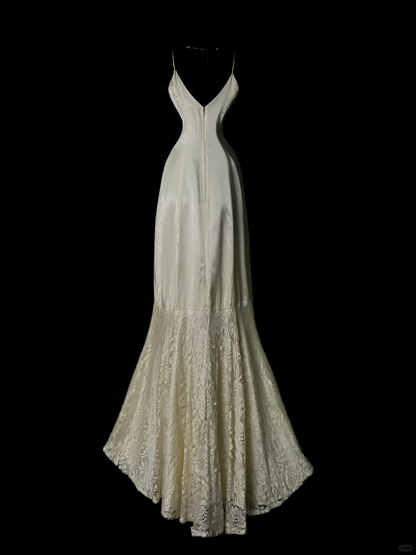 Vintage V Neck Spaghetti Strap Satin Lace Mermaid Party Dress Ivory Long Birthday Prom Dress SP4046