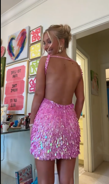 Gorgeous Hot Pink V Neck Sequin Backless Sheath Cocktail Dress Short Formal Homecoming Dress Y9280