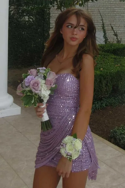 Pretty Strapless Sequin Sheath Short Prom Dress Purple Short Homecoming Dress SP3601