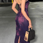 Purple Spaghetti Straps Lace Chiffon Print Floral Sheath Prom Dress Evening Dress Y8245