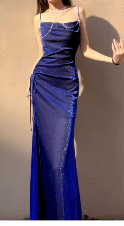 Shiny Spaghetti Straps Royal Blue Tulle Sequin Mermaid Long Party Dress Prom Gowns SP2005