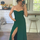 Simple Green Spaghetti Straps Evening Dress Slit Prom Dress Y7874
