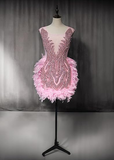 Luxury Pink Feather Homecoming Dress Birthday Dress Wedding Party Dress Y2639
