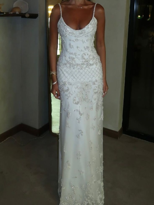 Gorgeous White Spaghetti Straps Satin Tulle Beaded Long Party Dress Birthday Outfits SP853