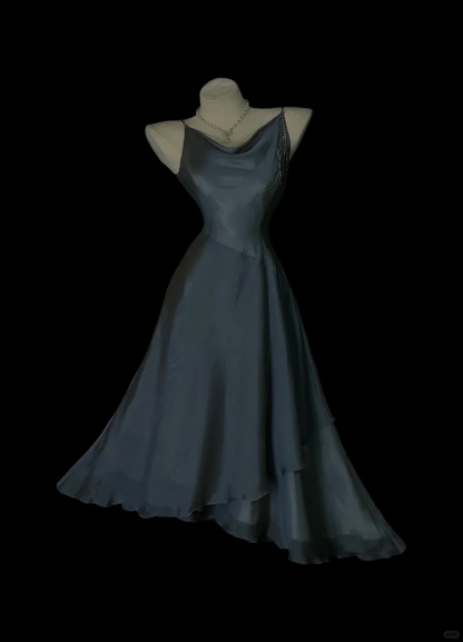 Vintage Spaghetti Straps Satin Tulle Beaded Mermaid Long Prom Dress Dark Dusty Blue Long Party Dress SP4042