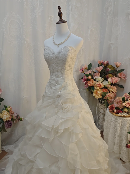 Glamorous Strapless White Lace Beaded Tulle Ruffles Long Wedding Dress SP2165