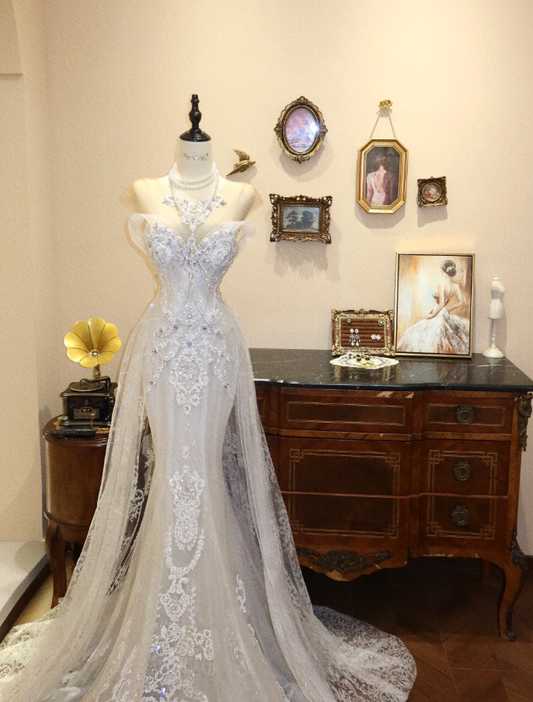 Glamorous Off The Shoulder White Tulle Beaded Appliques Mermaid Long Wedding Dress Bridal Gowns SP1879