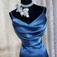 Classy Spaghetti Straps Blue Satin Long Wedding Guest Dress Formal Birthday Evening Dress SP1887