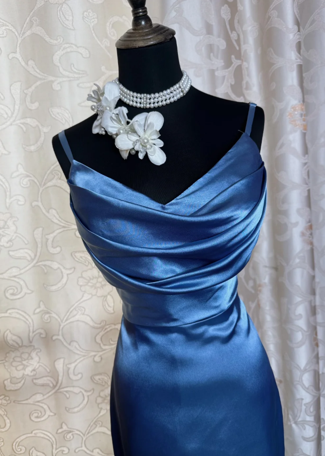 Classy Spaghetti Straps Blue Satin Long Wedding Guest Dress Formal Birthday Evening Dress SP1887