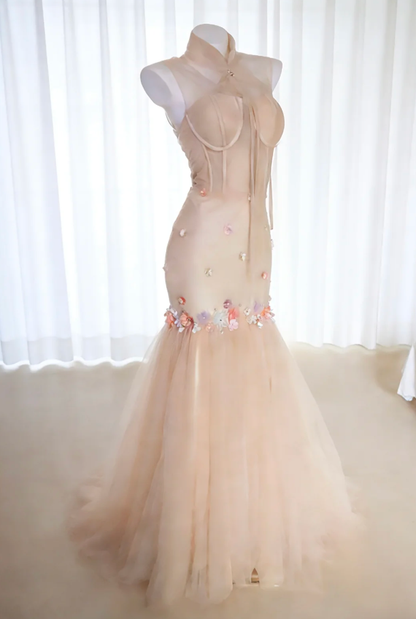 Elegant Sleeveless Tulle Appliques Mermaid Long Prom Dress Evening Gown SP1838