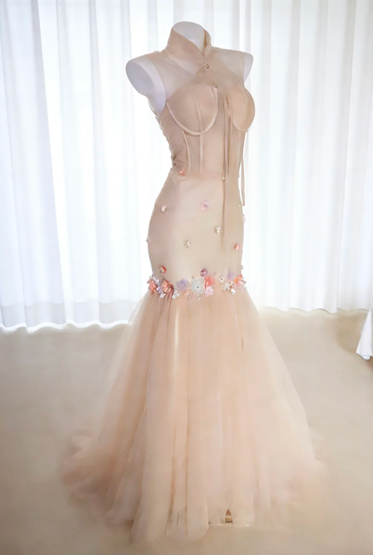 Elegant Sleeveless Tulle Appliques Mermaid Long Prom Dress Evening Gown SP1838