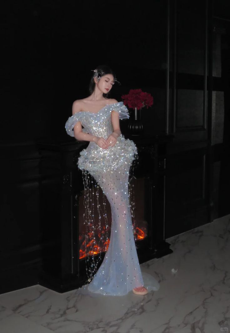 Glamorous Off The Shoulder Sky Blue Tulle Sequin Beaded Mermaid Long Party Dress Prom Dresses SP1273