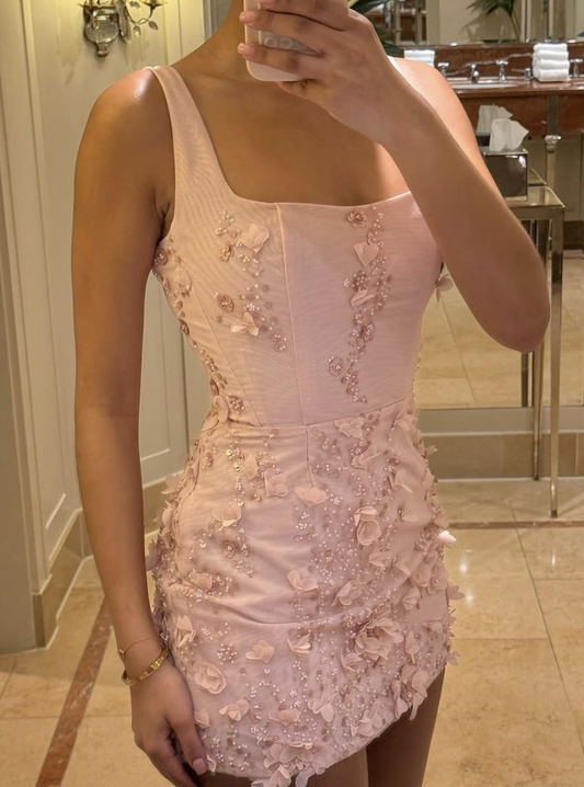 Pretty Pink Square Neck Satin Appliques Sheath Short Homecoming Dress Birthday Dress Y9065