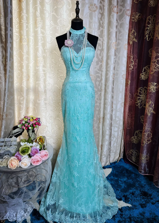 Glamorous Sleeveless Mint Green Lace Beaded Mermaid Long Prom Dress Formal Birthday Evening Gown SP1893