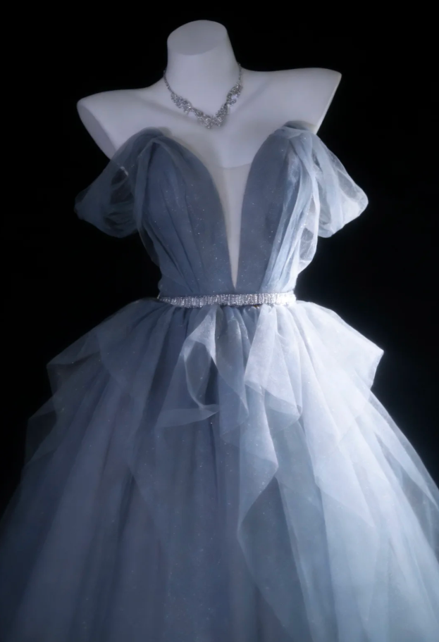 Shiny Blue Off The Shoulder Tulle Sequin Long Evening Dress 20th Birthday Outfits With Beads SP1837