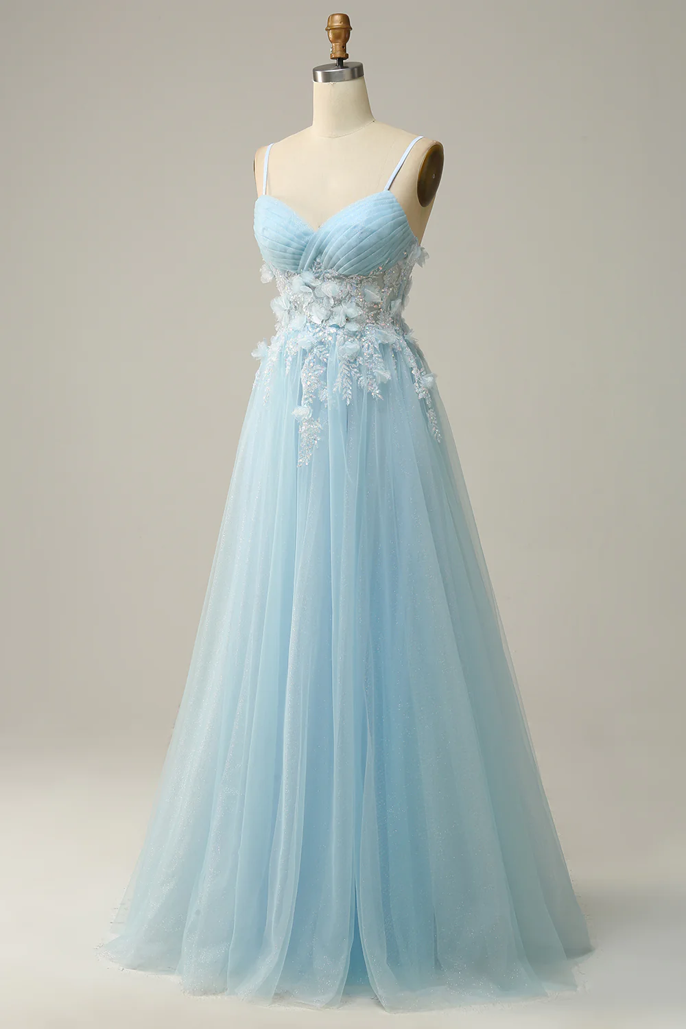 Women Sky Blue Spaghetti Straps A Line Tulle Long Prom Dress Y7032