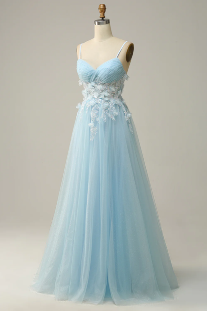 Women Sky Blue Spaghetti Straps A Line Tulle Long Prom Dress Y7032