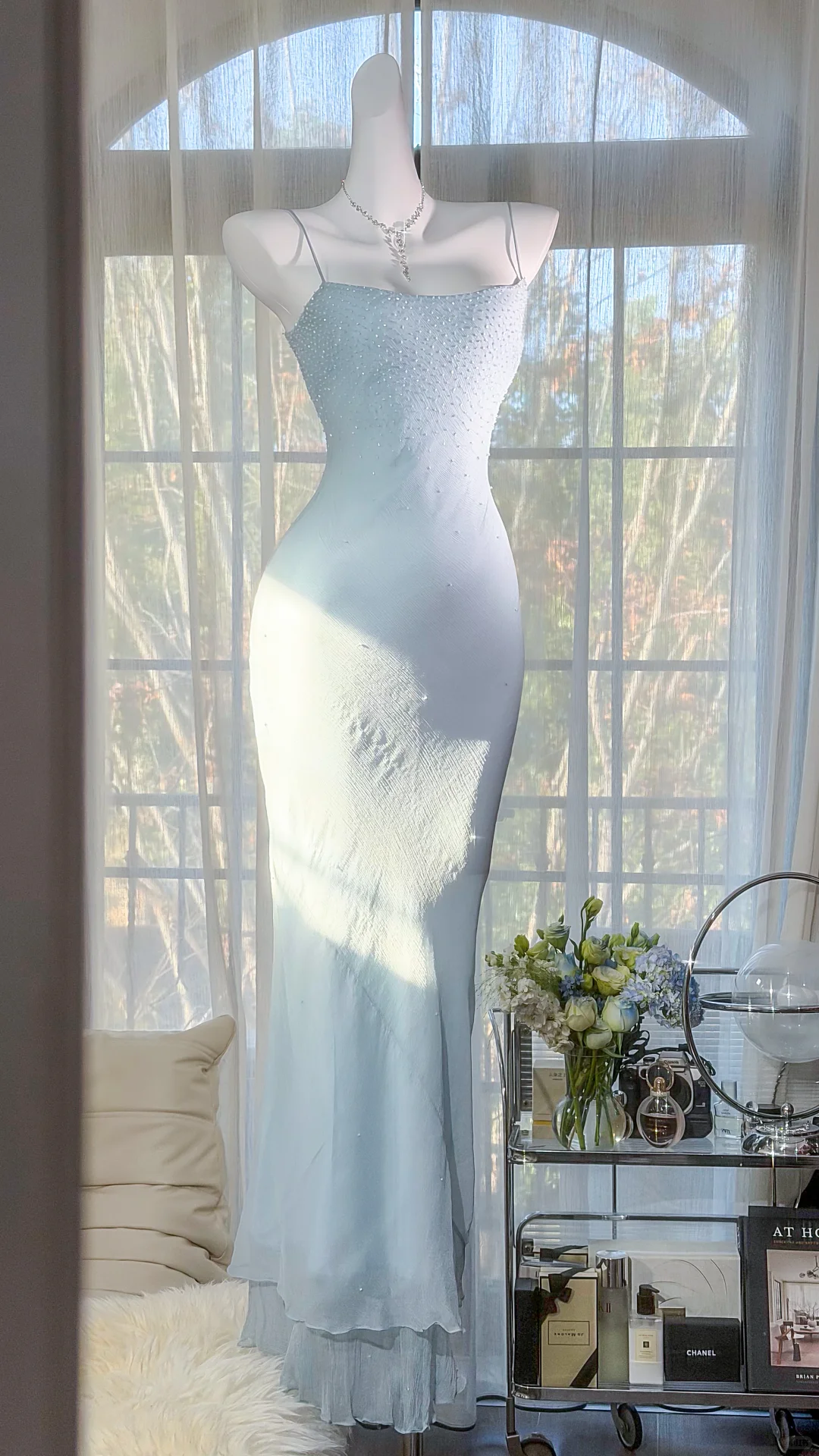 Classy Light Blue Chiffon Beaded Mermaid Long Evening Dress Formal Wedding Guest Dress SP2186