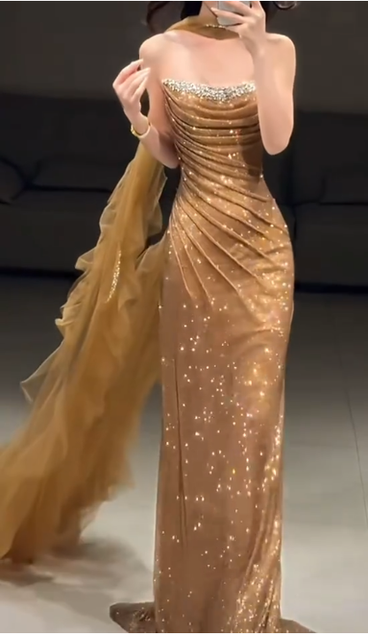 Glitter Gold Strapless Sequin Beaded Mermaid Long Party Dress Birthday Prom Dress SP1750