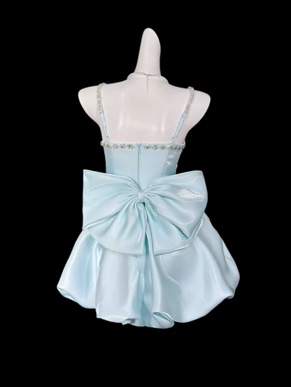 Glamorous Spaghetti Straps Satin Beaded Short Graduation Homecoming Dress,Blue Mini Birthday Outfits SP3513