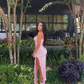 Women's Sexy Pink Backless Slit Strapless Irregular Prom Dress Y6215
