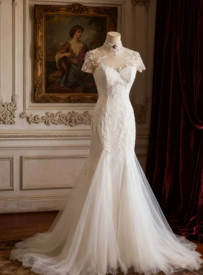 Charming White Tulle Appliques Mermaid Long Wedding Dress SP1170