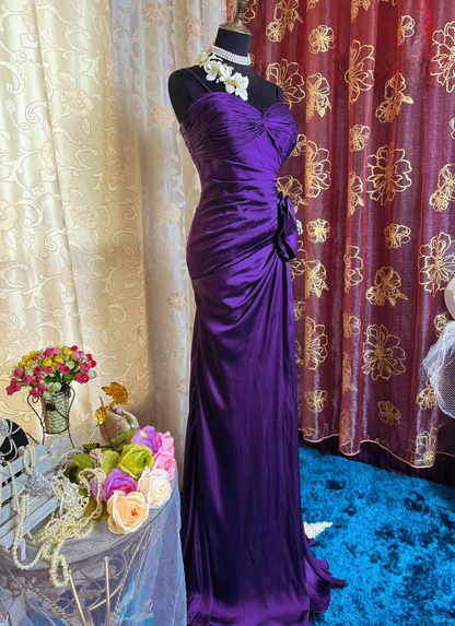 Sexy Spaghetti Straps Satin Pleated Slit Long Prom Dress Purple Mermaid Evening Gown SP2384