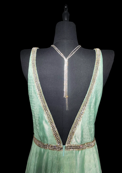 Sexy V Neck Green Satin Beaded Mermaid Party Gown Backless Long Prom Dress SP442