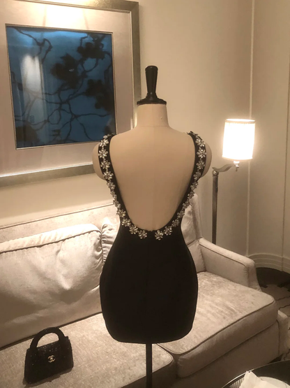 Sexy Black Sleeveless Satin Sequin Mini Homecoming Dress Backless Sheath Cocktail Dress SP2365