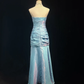 Dreamy Strapless Satin Pleated Mermaid Long Birthday Prom Dress Evening Gown,Blue Wedding Guest Dress SP1436