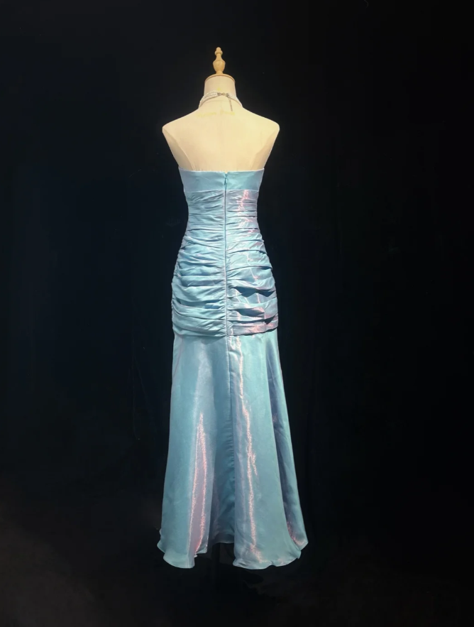 Dreamy Strapless Satin Pleated Mermaid Long Birthday Prom Dress Evening Gown,Blue Wedding Guest Dress SP1436