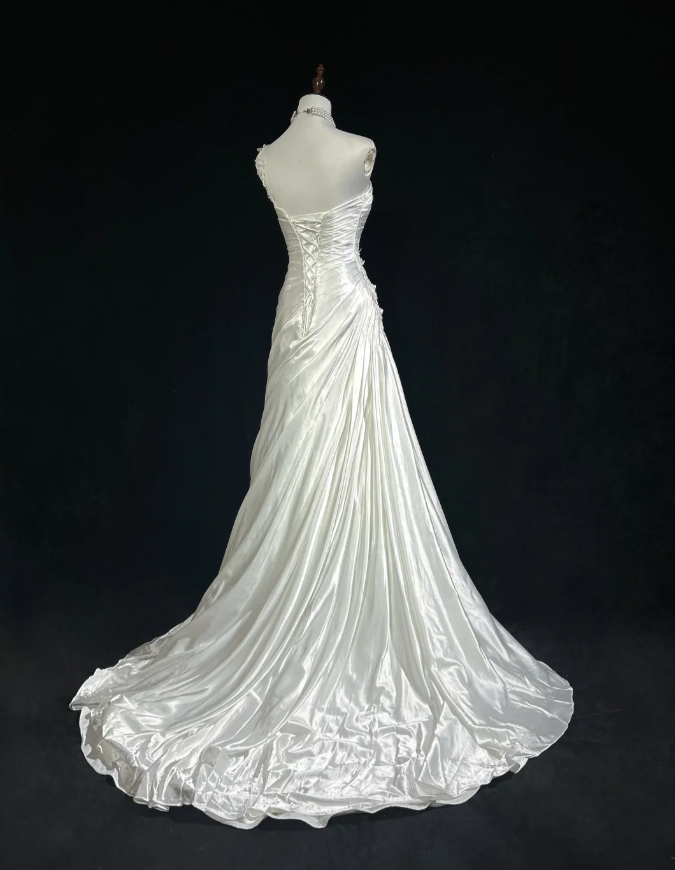 Pretty White One Shoulder Satin Pleated Appliques Mermaid Long Wedding Dress SP1284