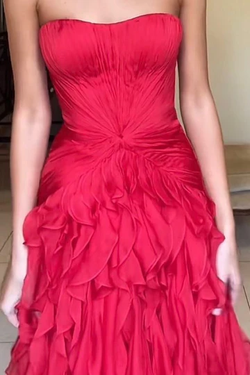 Charming Red Chiffon Ruffles A-Line Empire-Waist Long Prom Dress Strapless Birthday Evening Dress SP2108