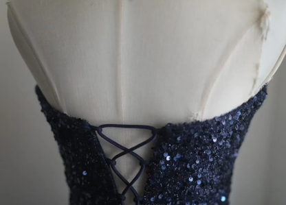 Elegant Strapless Navy Blue Sequin Feathers Slit Mermaid Evening Dress Long Birthday Prom Gown SP1172