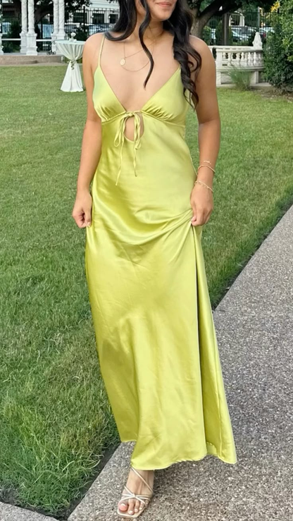 Simple Spaghetti Straps V Neck Satin Long Party Dress Prom Gown Yellow Green Wedding Guest Dress SP2321