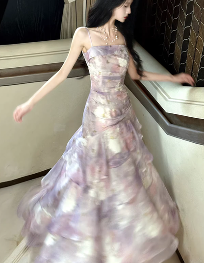 Pretty Spaghetti Straps Purple Chiffon Ruffles Print Floral Mermaid Long Party Dress Birthday Prom Gowns SP1992