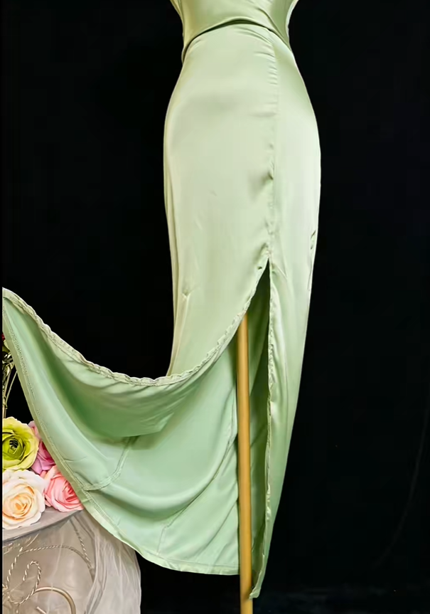 Sexy Spaghetti Straps Sheath Satin Slit Evening Dress Sage Green Backless Long Wedding Guest Dress SP2377