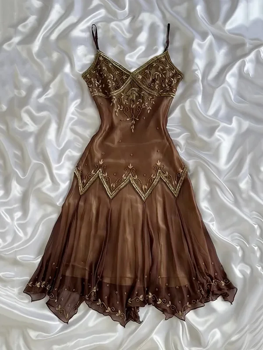 Vintage Spaghetti Straps Brown Skin Beaded Short Party Dress Formal Homecoming Dress Y9933
